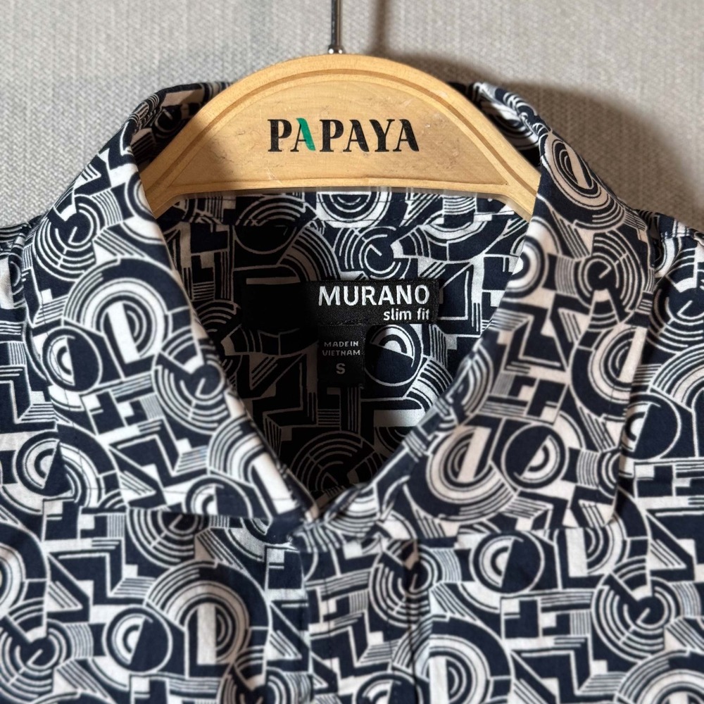 Murano Slim Fit Geometric Button Down Shirt Mens Small Navy White Cotton Print - Picture 3 of 6